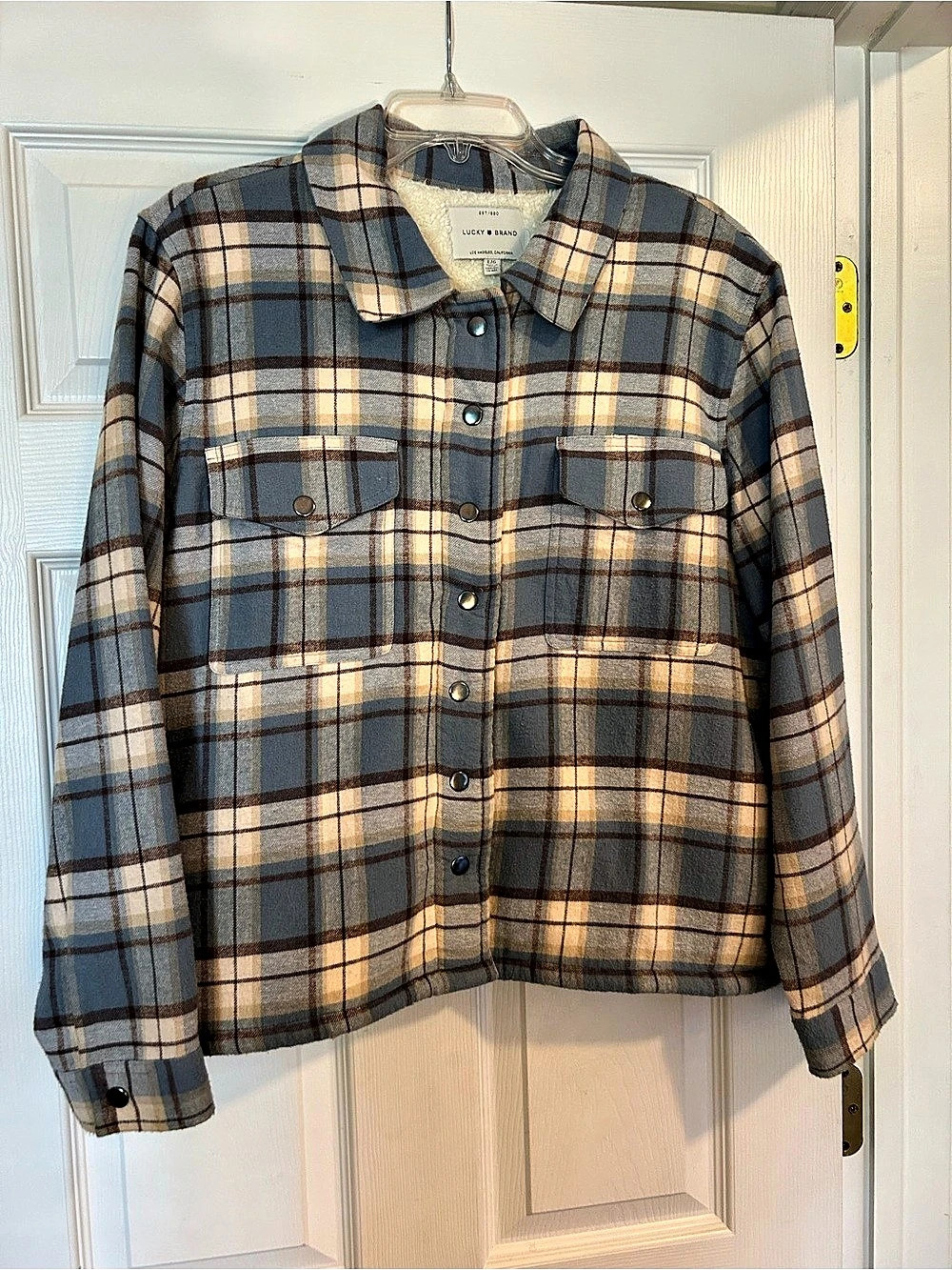 Lucky Brand Plaid Sherpa Shirt Jacket Blue & Brown